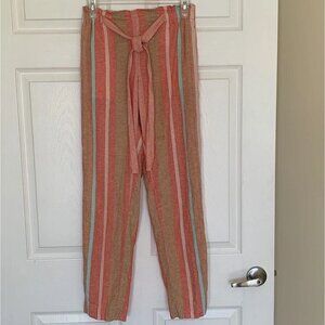 Beach Lunch Lounge Pants Women's XS Linen Blend Tie Waist Paperbag Stripe